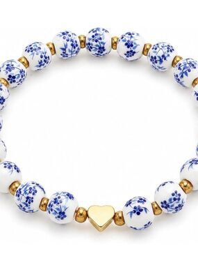 Blue Flower Ceramic Heart Bead Bracelet